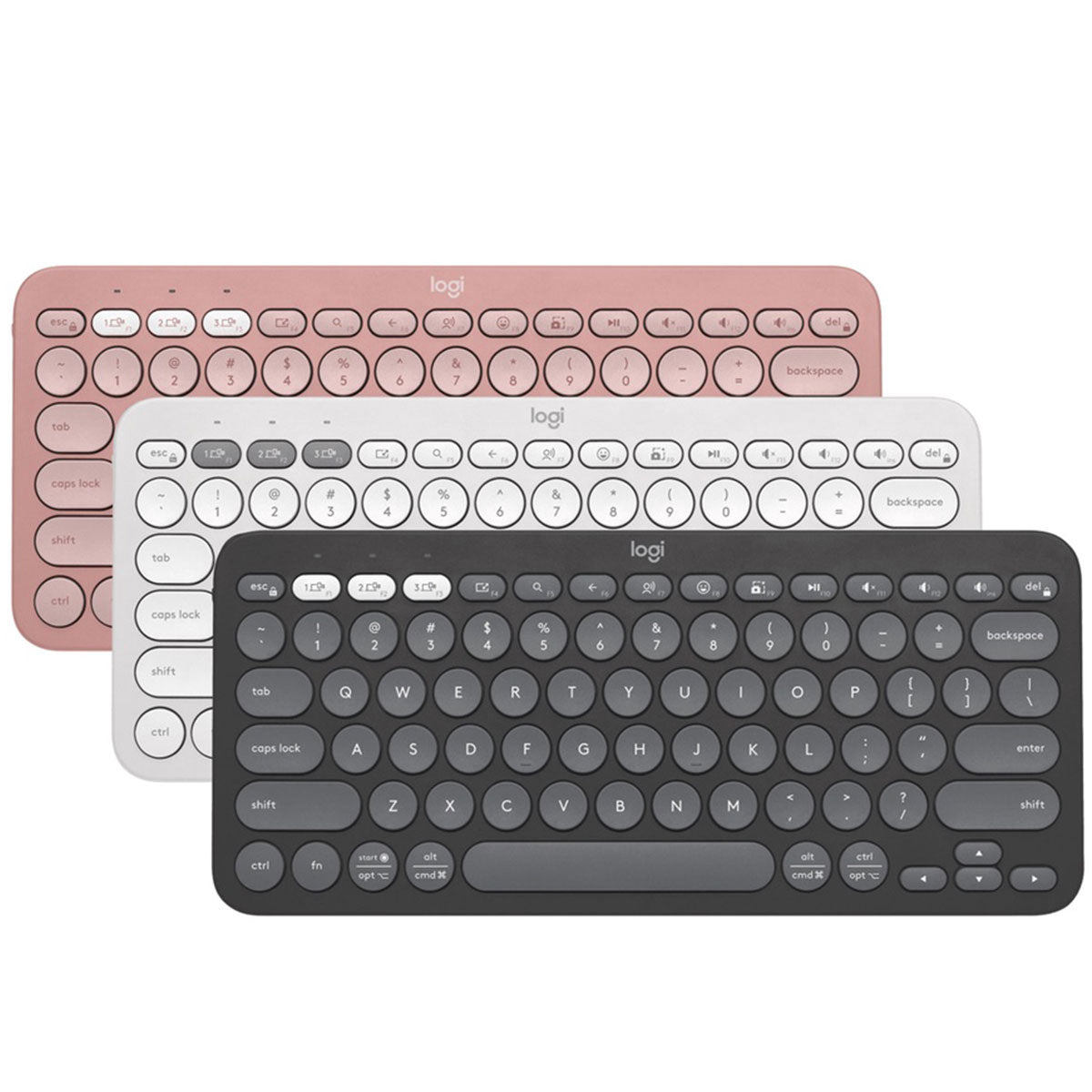 Three Logitech Bluetooth keyboards in black, white, and pink colors, showcasing the keys and layout.